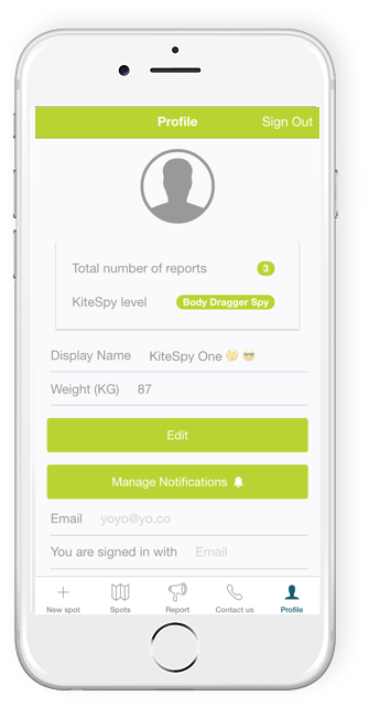 KiteSpy app profile page showing levels